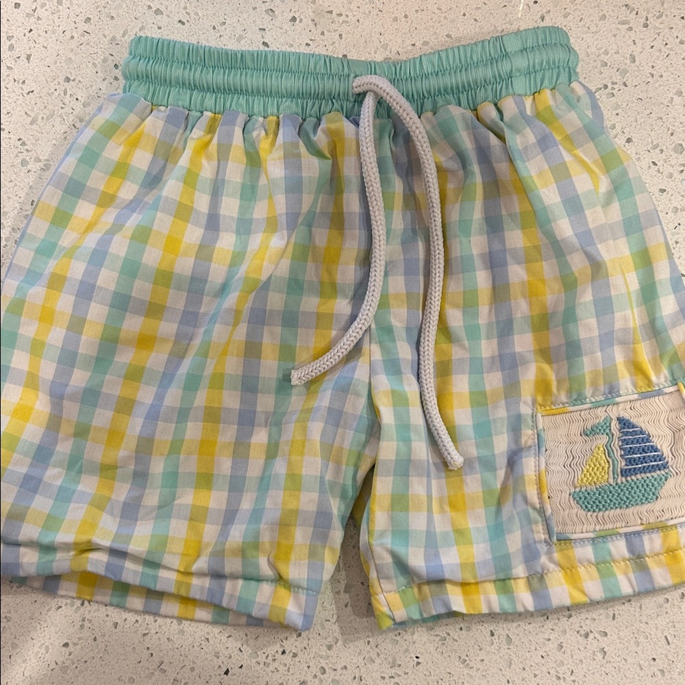 Magnolia Kids Plaid Swim Trunks - Blue, Yellow, Green